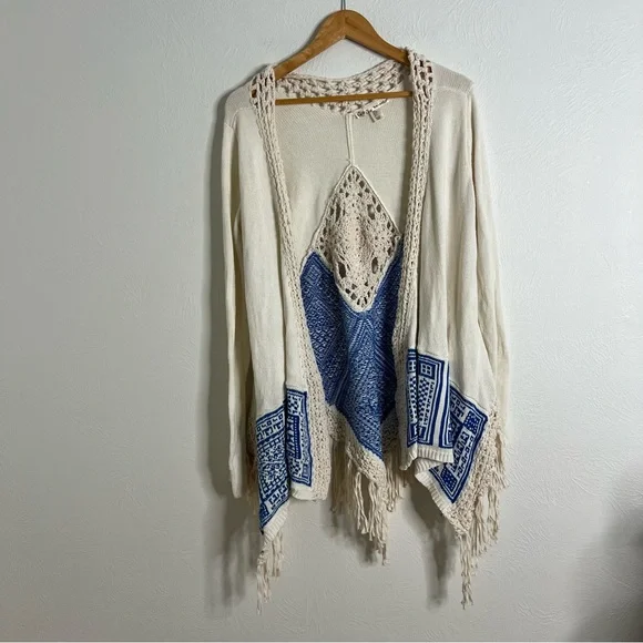 Kaisely Knit Cardigan Fringe Open Front Ivory Blue Pattern Long Sleeve Size S - Picture 2 of 9